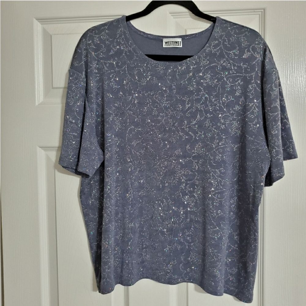 Western Connection II Sparkly Glittery Gray Top Sz 2X